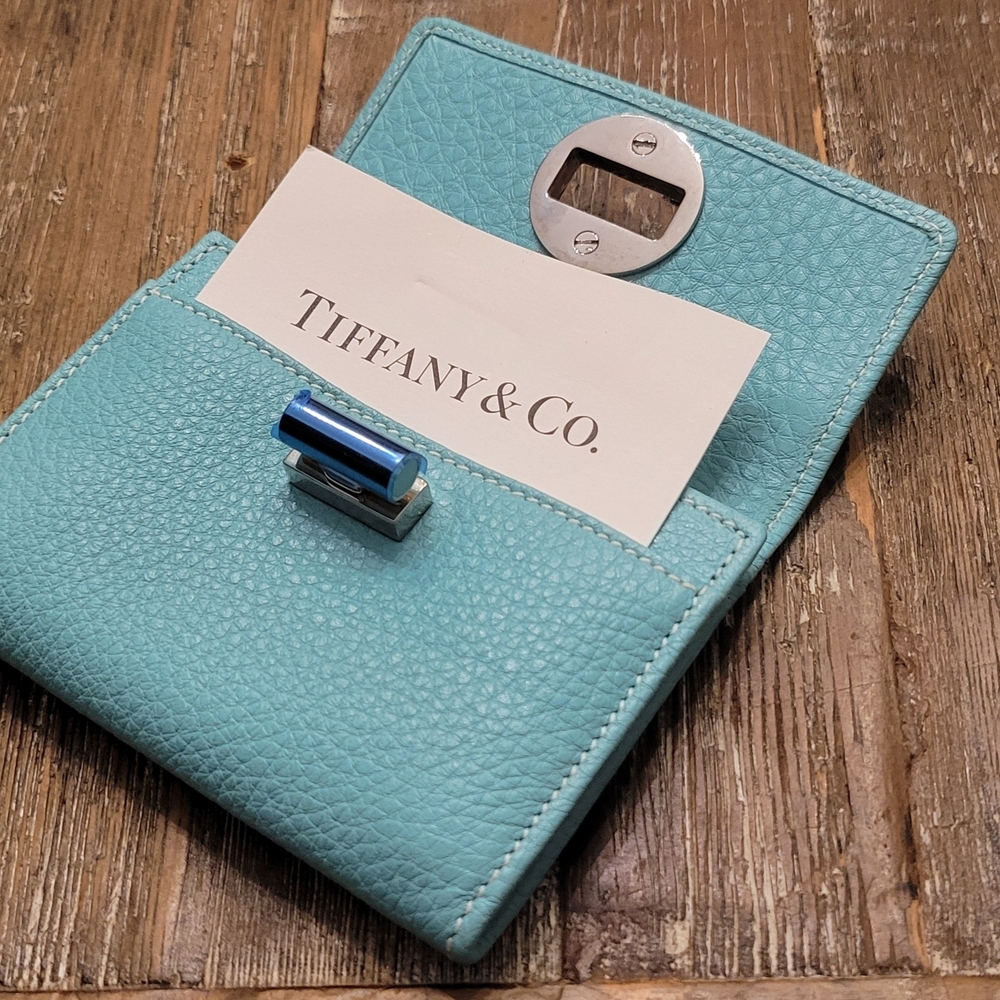 Tiffany & Co. Light Blue Pebbled Leather Card Case with Silver Hardware